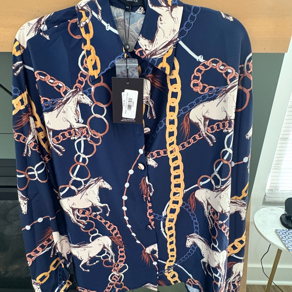 Beulah Blue and Cream Patterned Top. One size fits 2-16